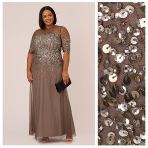 NWT Adrianna Papell Beaded Illusion Bodice Mesh Gown Dress